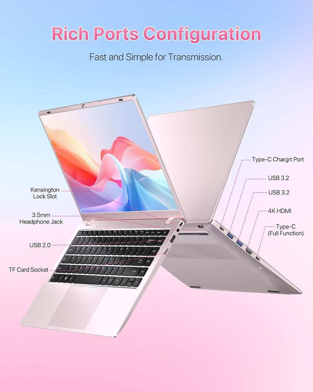 2026 Pink Laptop, Pentium Gold 6500Y Processor(Up to 3.4 GHz),16GB RAM 512GB SSD,14 Inch FHD IPS Display, 5000mAh Battery,Type-C