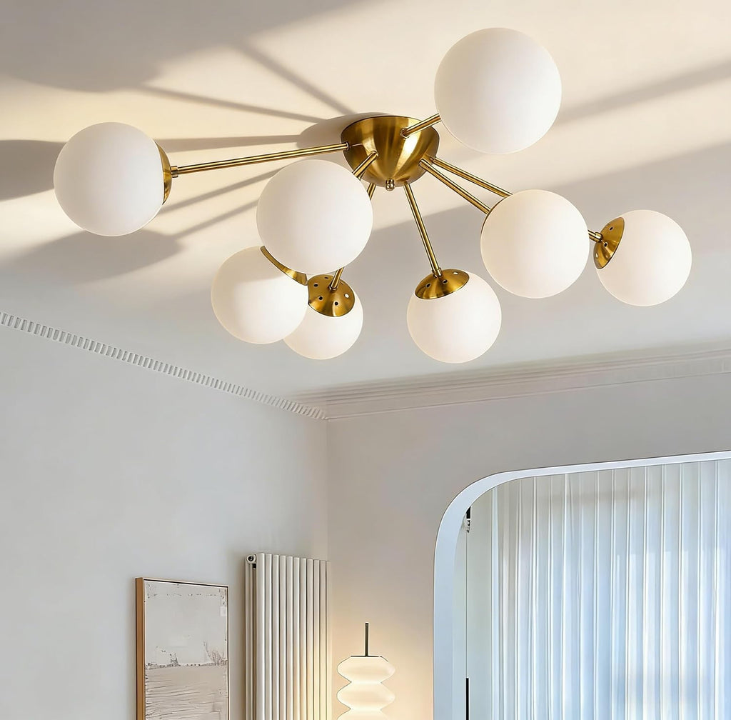 Bagood 8 Light Mid Century Modern Ceiling Light Semi Flush Mount Ceiling Light Fixture Globe Lights Sputnik Chandelier with Milk Glass Shade Brushed Brass Finish for Bedroom Hallway Living Room