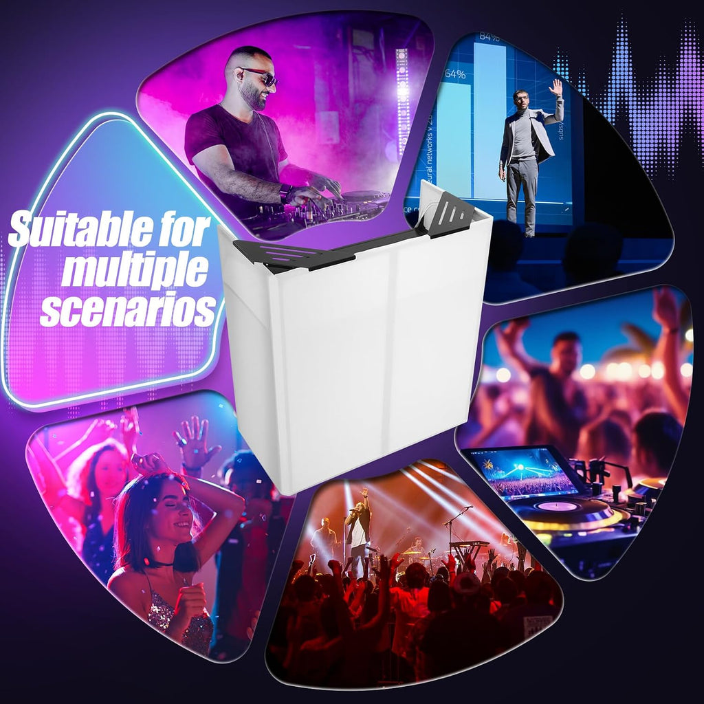 BAVNNRO DJ Booth Stand Portable, 44'x41'x21' DJ Facade Table Station with Black & White Scrim & Carry Bag, Metal Foldable Frame DJ Stand for Weddings, Parties & Events