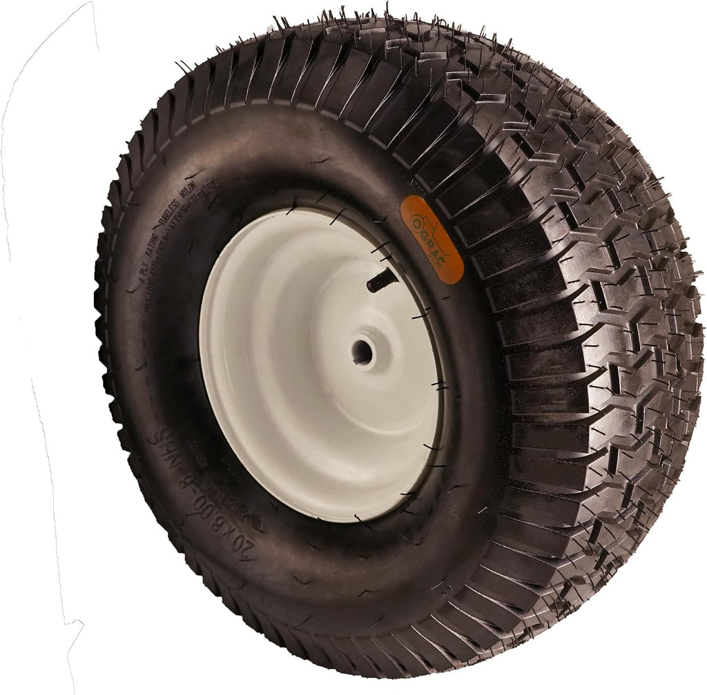 20x8.00-8 Lawn Mower Tire and Wheel Tubeless with 3/4 Bushing, 3.5'Offset Hub and 3 1/16' Keyway 20x8x8 Lawn Mower Tire with Rim for Tractor Rear, Turf Tread 20 inch Wheels, 800 lbs Weight Capacity