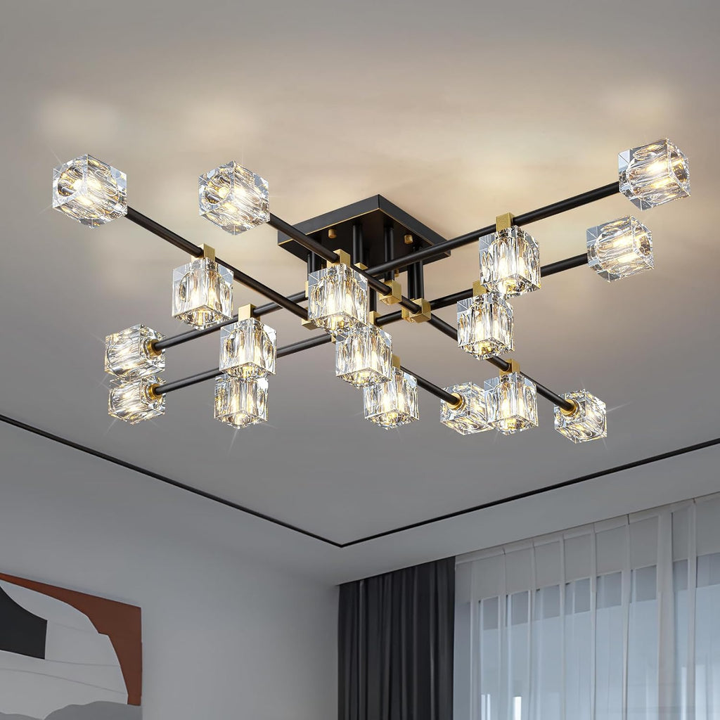 Crystal Sputnik Ceiling Light Fixture，Modern Luxury Black and Gold Chandeliers with 17-Light，Semi Flush Mount Ceiling Light Fixture for Dining Room,Living Room,Kitchen Island,Bedroom.