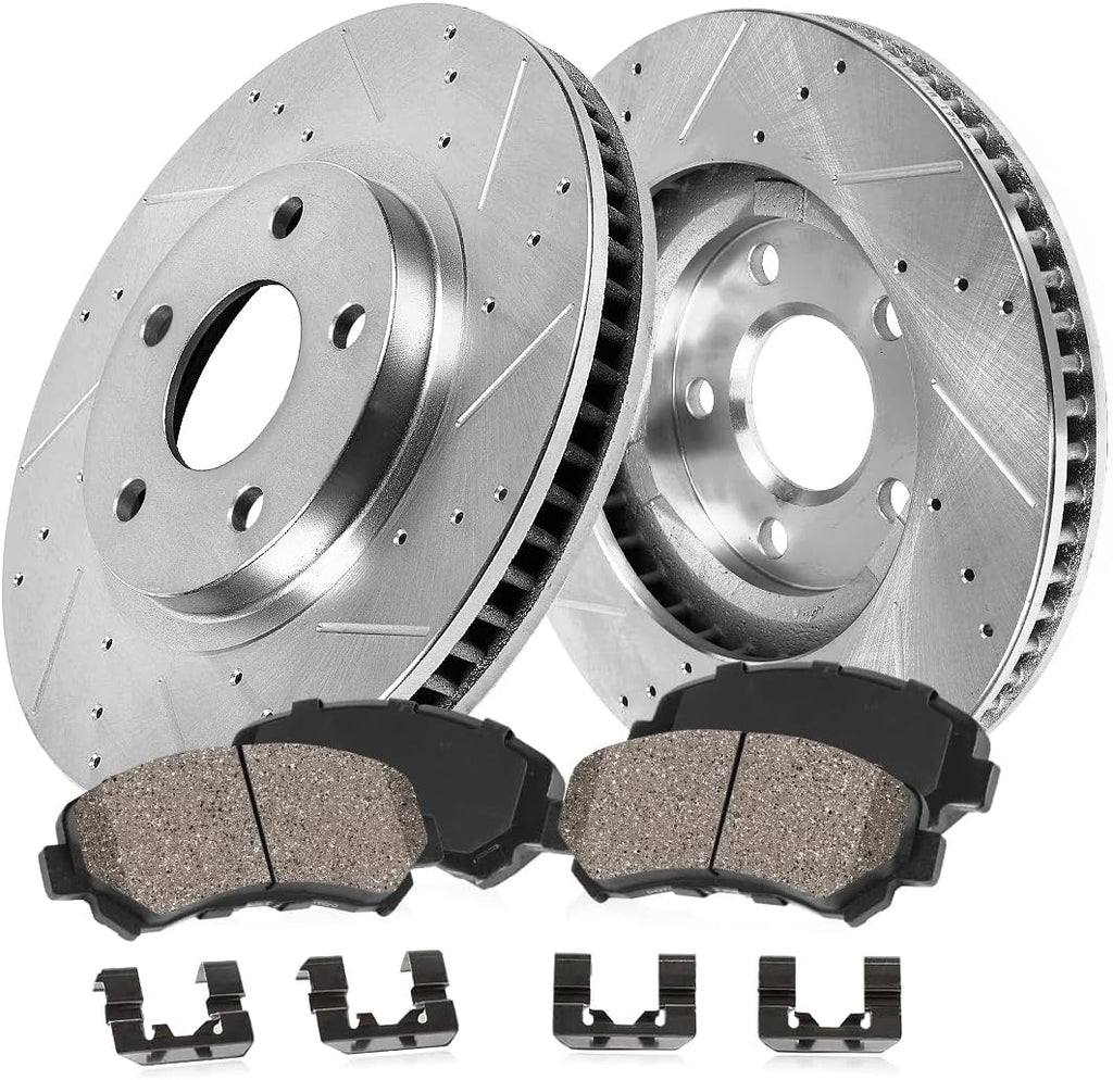 Callahan Brake Parts Front Brake Kit For Cadillac Escalade 2002-06 |Escalade ESV 2003-06 |Escalade EXT 2002-06 - Drilled & Slotted Disc Rotors with Ceramic Brake Pads + Hardware, EBYK043027