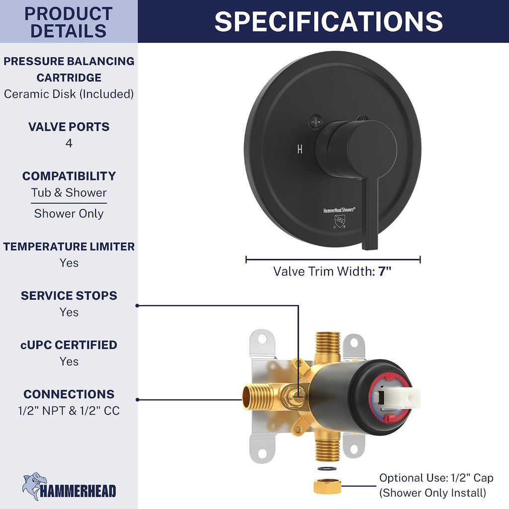 HammerHead Showers Solid Metal Single-Handle Trim Kit with Rough-In Shower Valve, Volume and Temperature Control, Pressure Balance, Matte Black