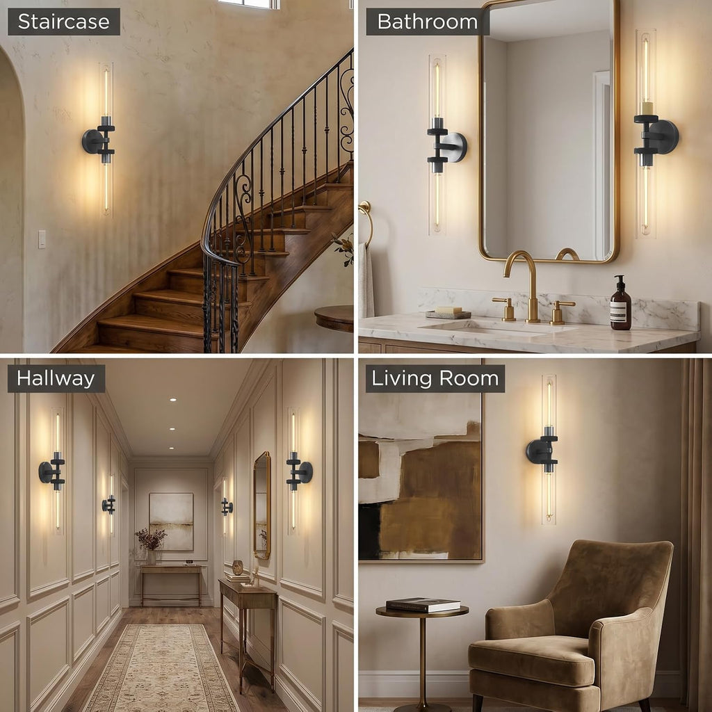 Modern 2-Light Black 30in Knurled Wall Sconces, Double Glass Sconces Wall Lighting, Bathroom Vanity Light Sconces, Wall Lights for Living Room Bedroom Hallway Kitchen Bathroom Mirror Includes bulbs