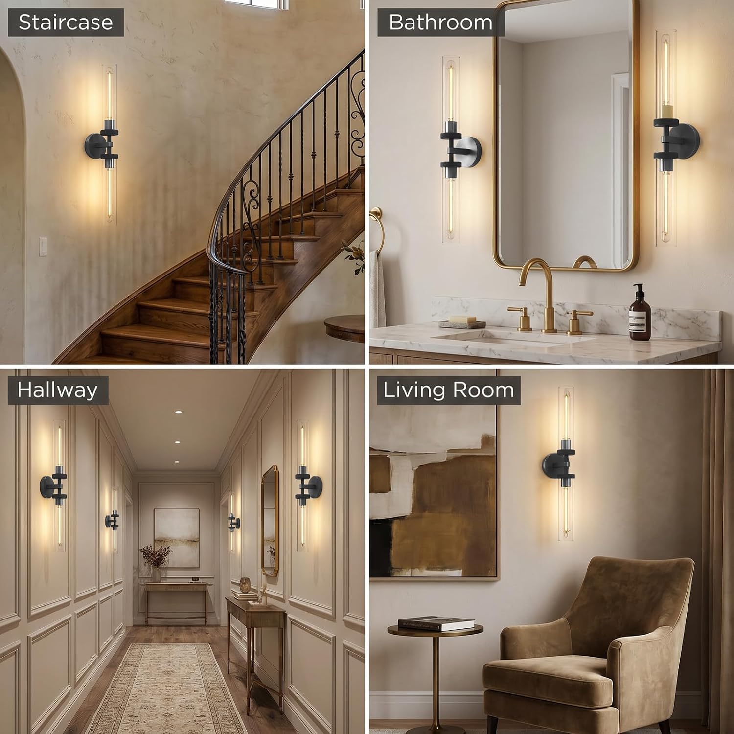 Modern 2-Light Black 30in Knurled Wall Sconces, Double Glass Sconces Wall Lighting, Bathroom Vanity Light Sconces, Wall Lights for Living Room Bedroom Hallway Kitchen Bathroom Mirror Includes bulbs