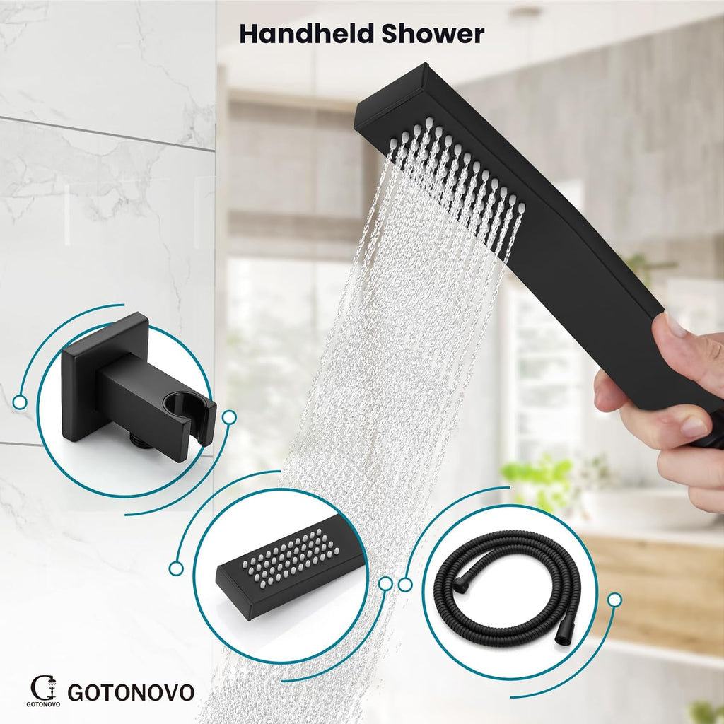 gotonovo Shower System with Tub Spout Wall Mounted Rain Shower Head and Handle Combo Shower Faucet Set with Valve, 8 Inch, Matte Black
