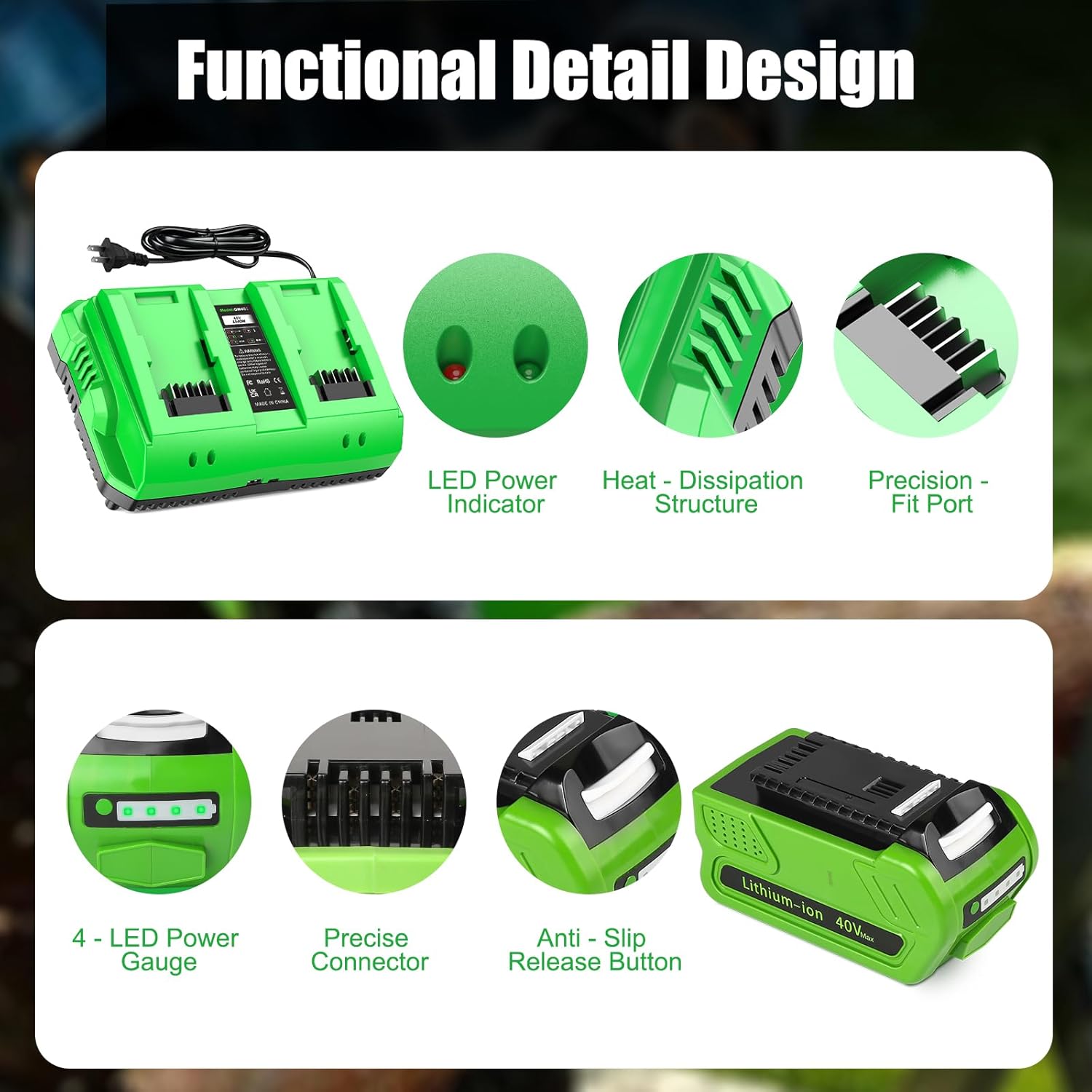 2-Pack 40V 4.0Ah Battery Replacement for Greenworks 40V Battery and Charger Kit (Dual-Port Charger with USB Port)，Compatible with Greenworks 40 Volt G-MAX Cordless Power Tools