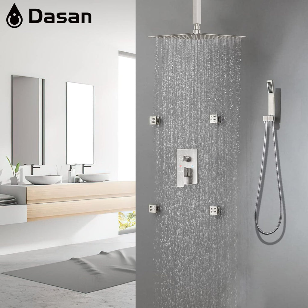 Brushed Nickel Shower System with 4 PCS Shower Body Spray Jets & 12'' Ceiling Shower Head & Handheld Spray, DASAN Full Body Shower Faucet System with Jets Rainfall Shower Combo Set, SA-SS03BBN-S12C