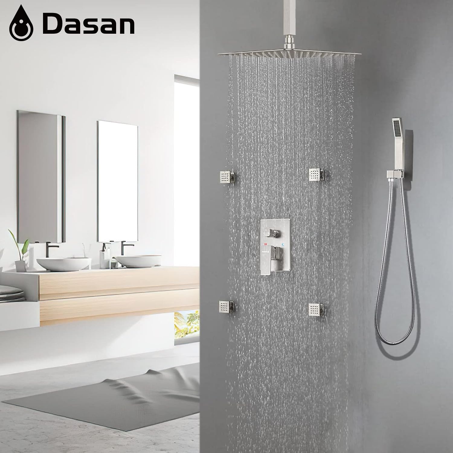 Brushed Nickel Shower System with 4 PCS Shower Body Spray Jets & 12'' Ceiling Shower Head & Handheld Spray, DASAN Full Body Shower Faucet System with Jets Rainfall Shower Combo Set, SA-SS03BBN-S12C