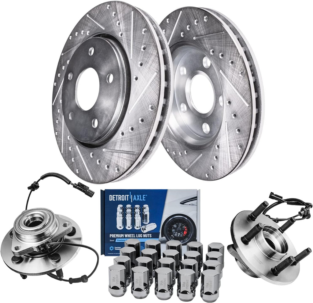 Detroit Axle - Front Drilled Brake Rotors Wheel Hub Bearings + 20pc Wheel Lug Nuts Replacement for 2006-2008 Dodge Ram 1500 4-wheel ABS - 24pc Set