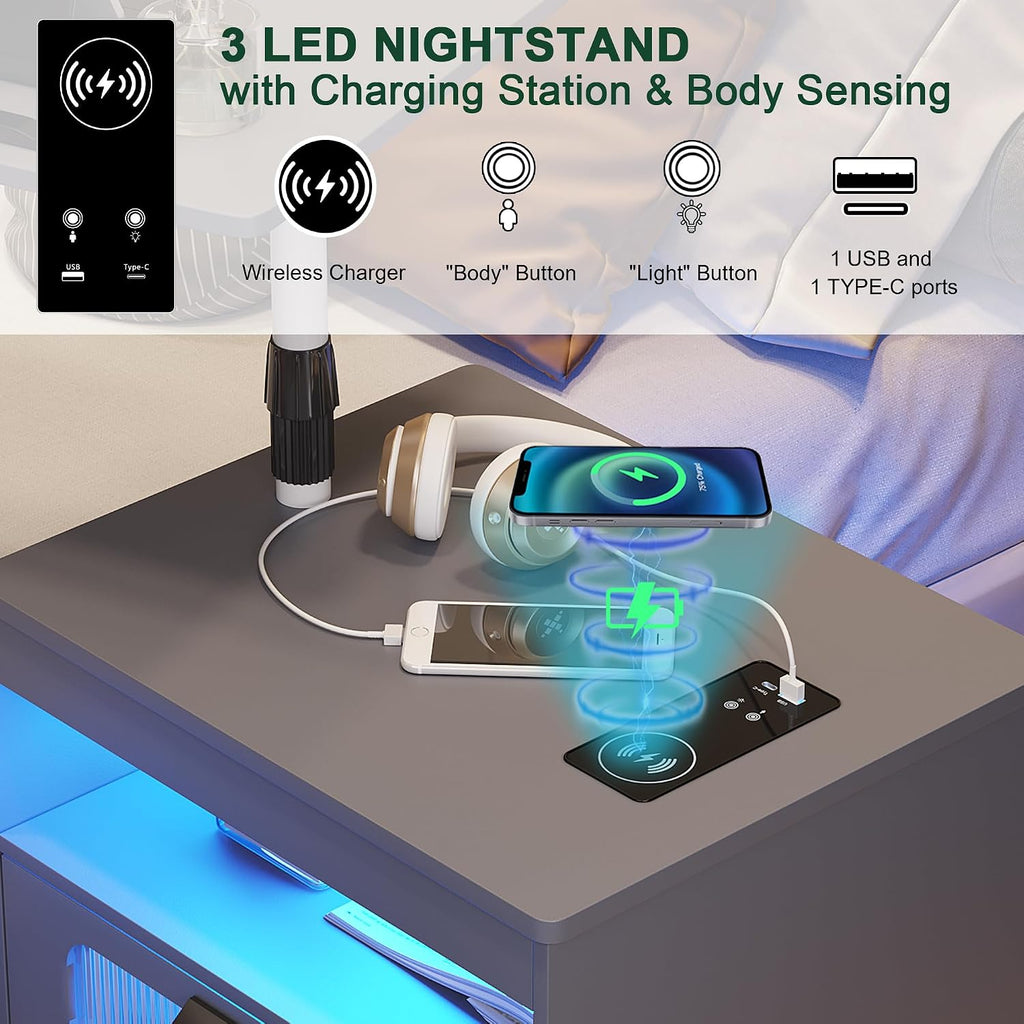 HNEBC LED Nightstand Set of 2 with Charging Station & Adjustable Overbed Desk, 3 Color LED Lights & Body Sensor, Mobile Bedside Table with Wheels, 2 Drawers & Open Shelf for Bedroom(Grey)