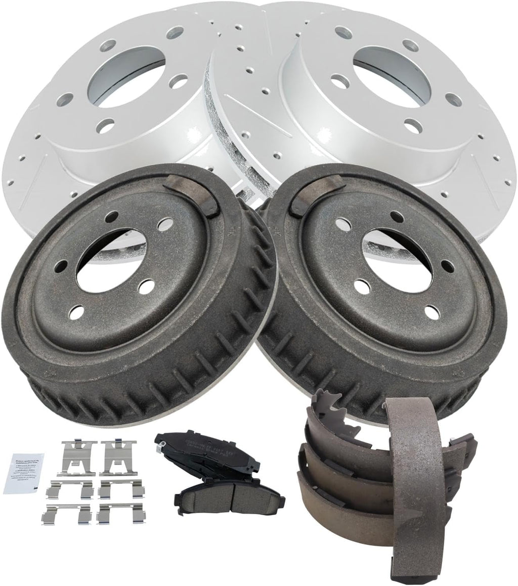 TRQ Front & Rear Brake Pad & Rotor,Shoe & Drum Kit Premium G-Coated Ceramic Performance Compatible with 1998-2002 Ford Ranger Mazda B3000 1998-2000 B4000