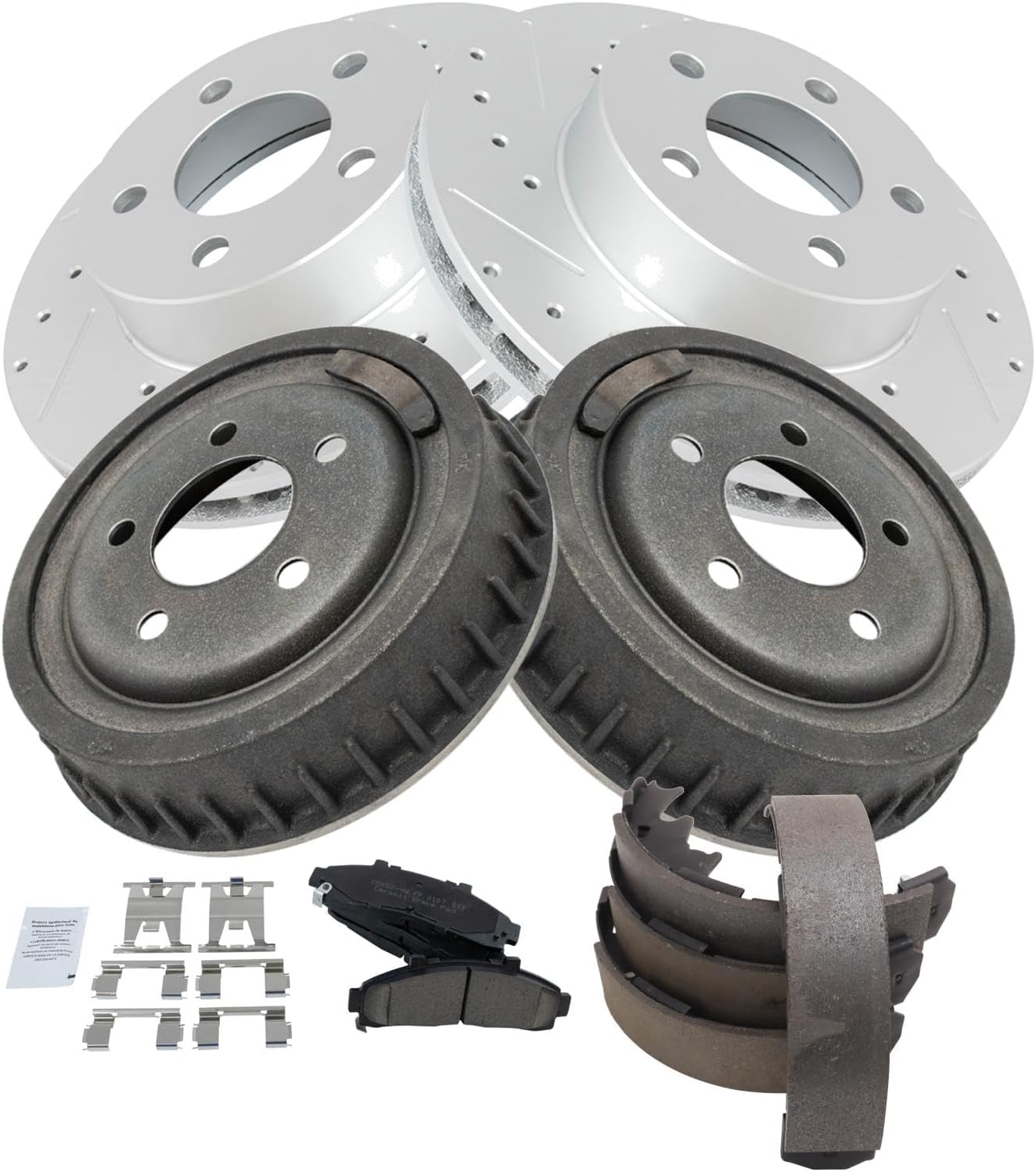 TRQ Front & Rear Brake Pad & Rotor,Shoe & Drum Kit Premium G-Coated Ceramic Performance Compatible with 1998-2002 Ford Ranger Mazda B3000 1998-2000 B4000