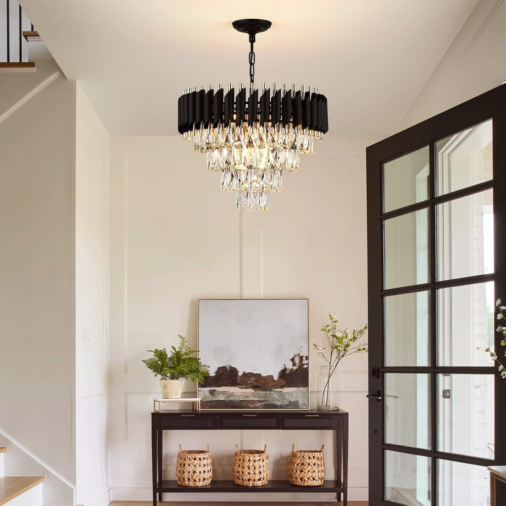 AXILIXI Modern Crystal Chandelier - 20' Crystal Ceiling Pendant Light 4 Tier Raindrop Flush Mount Chandelier in Black and Gold for Entryway, Foyer, Dining Room