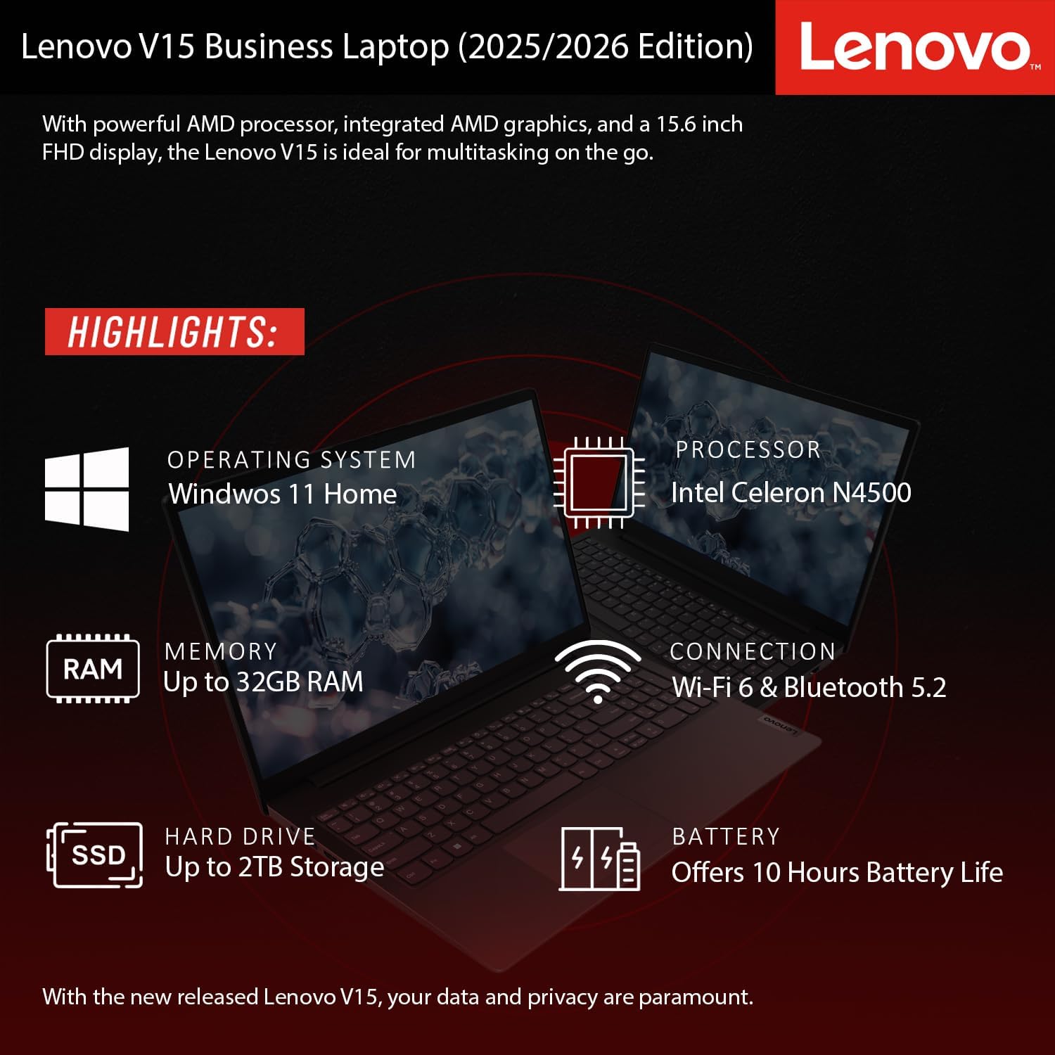 Lenovo Newly Released V15 Business Laptop(2025/2026 Edition) with Microsoft Office, Intel Powerful CPU, 32GB RAM, 1TB SSD, 15.6' FHD Display, Ultra Quiet Design, Long Battery Life, Windows 11, WOWPC