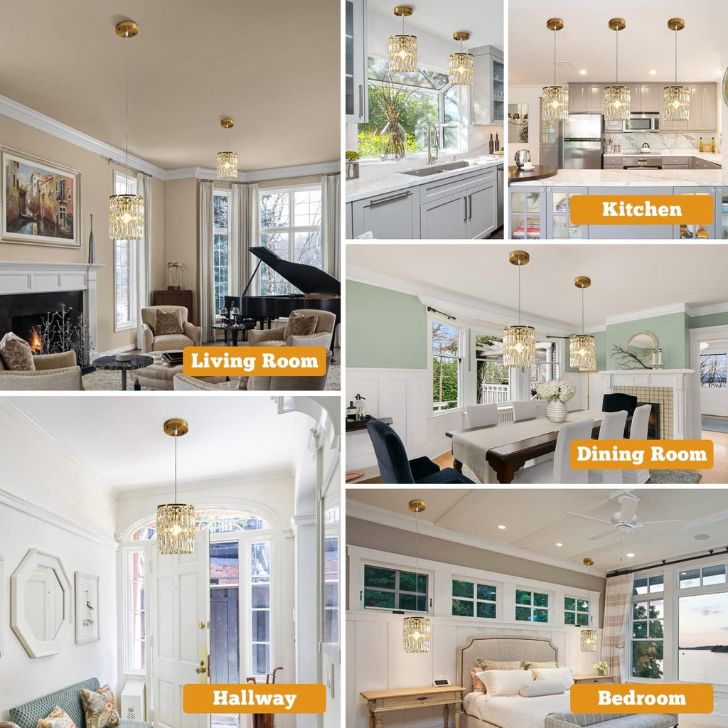 Modern Crystal Pendant Light for Kitchen Island Height Adjustable Gold Chandeliers Light Fixture Hanging Ceiling Lights for Hallway Dining Room Bedroom Living Room Compatible with E26 Bulb (2-Pack)