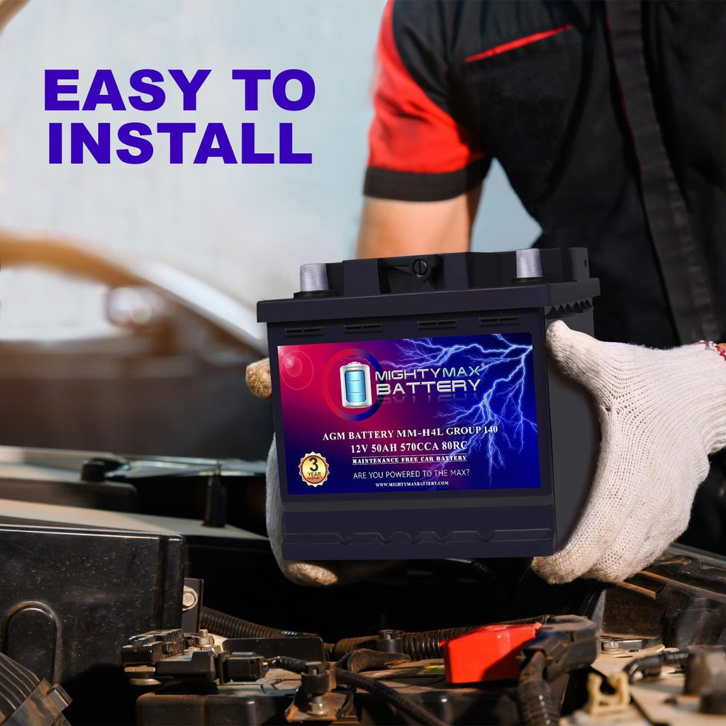 Mighty Max Battery MM-H4L Start and Stop Car BCI Group Size 140 Positive Terminal on Left Side [+ -] 12V 50 AH, 80RC, 570 CCA Rechargeable AGM Car Battery