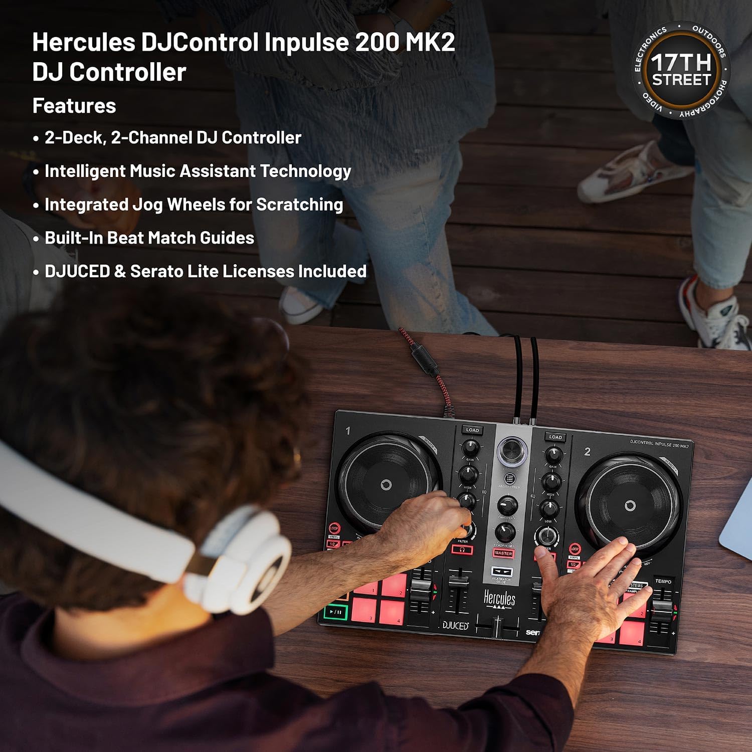 Hercules DJ Controller Inpulse 200 MK2-2 Deck USB DJ Controller with Over-Ear Headphones, On-Stage Laptop Stand, Waith DJ Controller Hard Carrying Case and Waith Cleaning Cloth (Bundle Set)