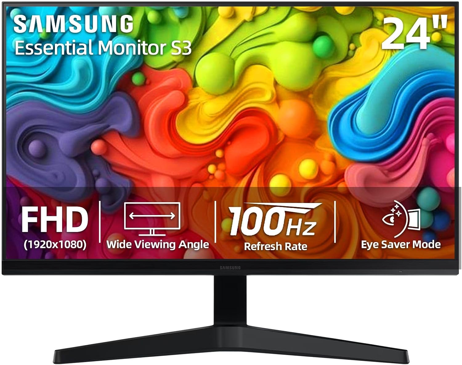 Samsung S24 inch Full HD (1920x1080) Monitor, 100Hz Refresh Rate, 5ms, Contrast Ratio 3000:1, Ergonomic Design, Eye Care, Flicker-Free, Game Mode, HDMI & VGA, Tilt Adjustment, Black