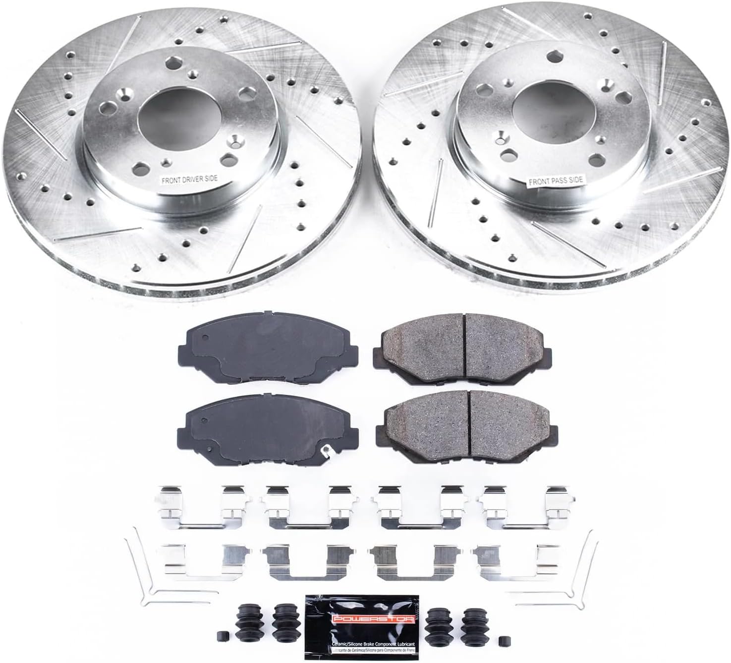 PowerStop Front Brake Kit for Acura ILX 2014-15 |Honda Accord 2003-12 |Civic 2013-21 |CR-V 2002-04 |CR-Z 2016 - Drilled and Slotted Disc Rotors with Carbon-Fiber Ceramic Brake Pads Replacement, K1043