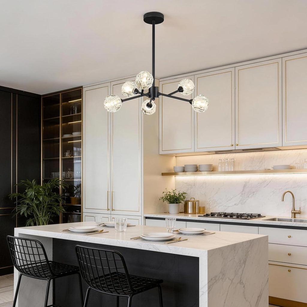 Weesalife Sputnik Chandeliers for Dining Room Light Fixture Over Table, Modern Crystal Chandeliers, 6 Lights Black Lighting Fixtures for Living Room Bedroom Kitchen Island