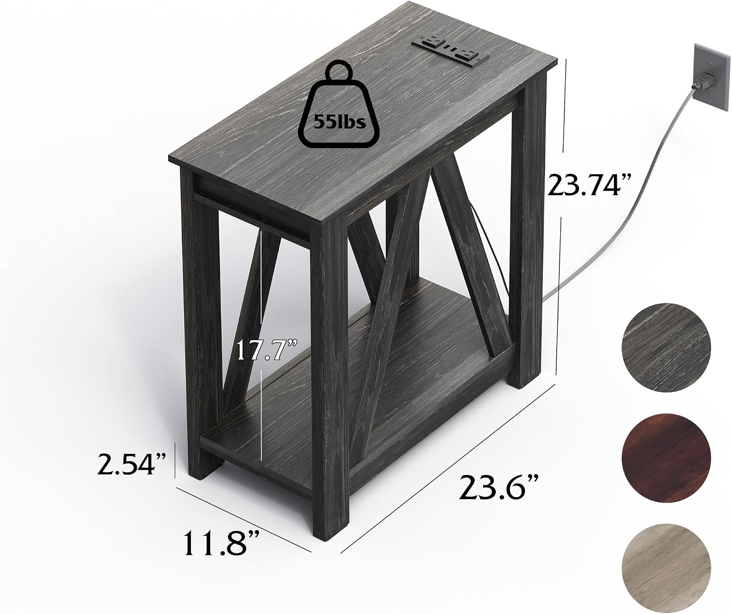 WLIVE End Tables Living Room Set of 2 with Charging Station, Sofa Side Tables with Open Storage Shelf, Slim Farmhouse End Table Sets, Charcoal Black