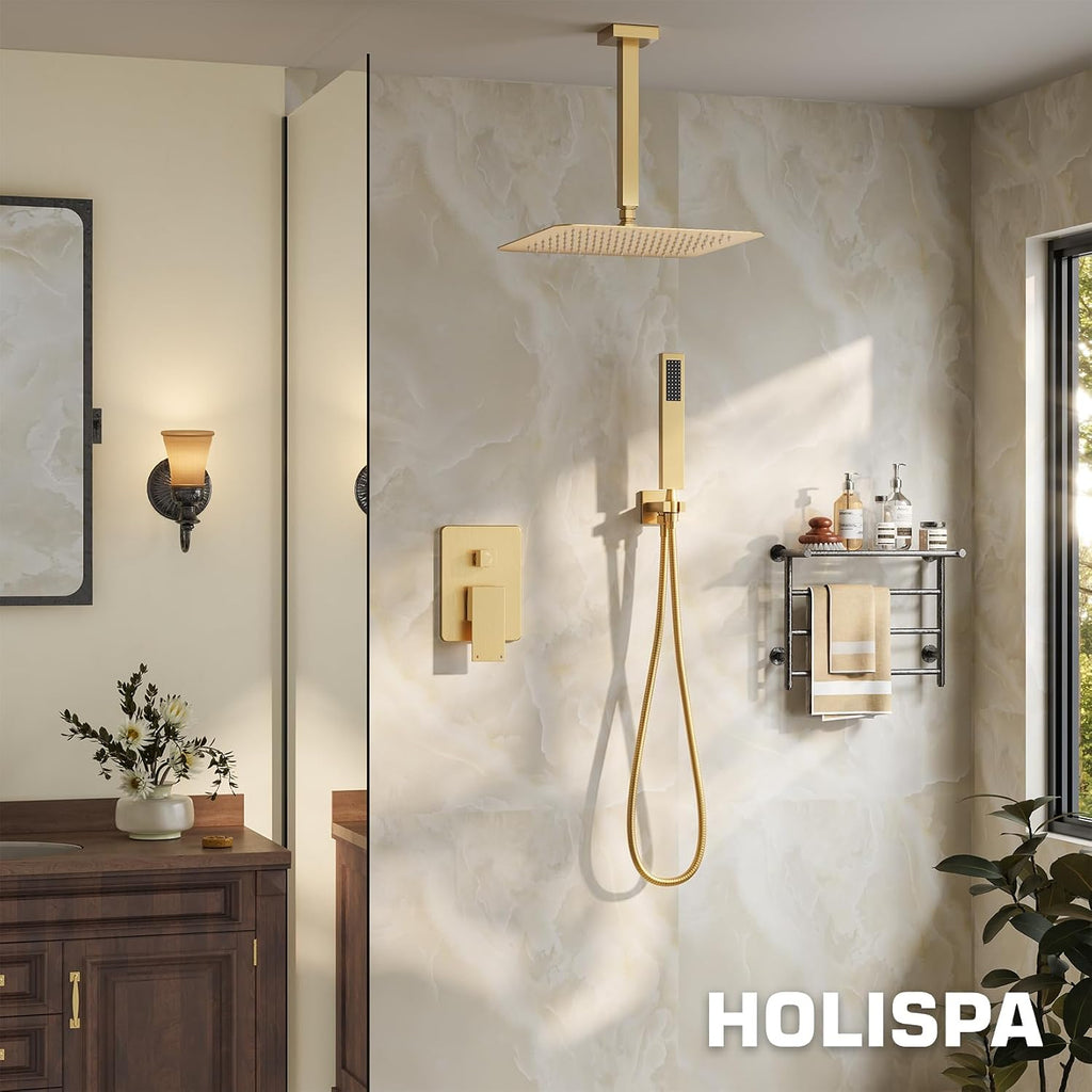 Ceiling Mount Shower System, Gold Shower Faucet Set with 12-Inch Rain Showerhead and Handheld Spray Combo, High-Pressure Showerheads Set with Valve and Trim Kit, Brushed Gold