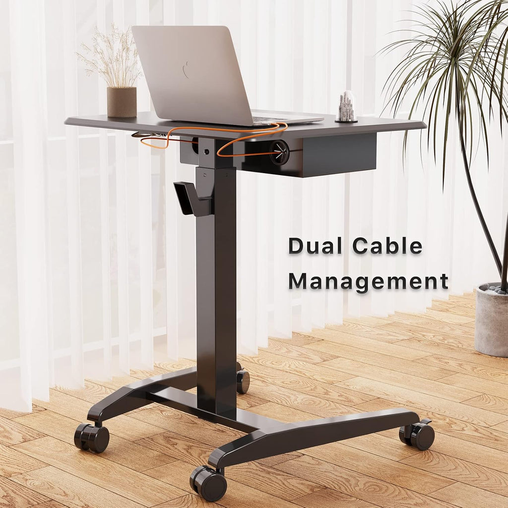 JOY worker Height Adjustable Rolling Laptop Desk with Shelf,Mobile Standing Desk,Pneumatic Mobile Laptop Table with Wheels for Couch Home Office School,Holds Up to 22lbs,Black