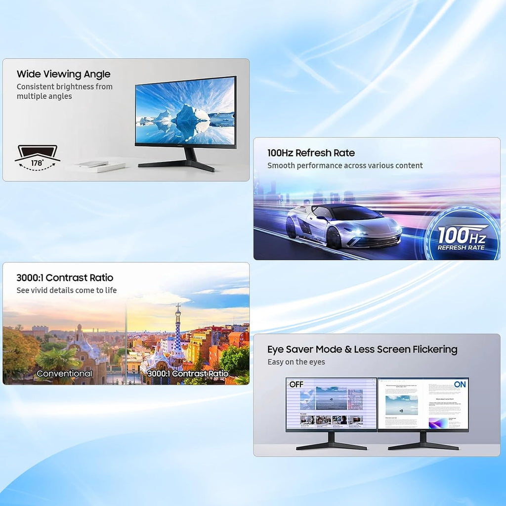 Samsung S24 inch Full HD (1920x1080) Monitor, 100Hz Refresh Rate, 5ms, Contrast Ratio 3000:1, Ergonomic Design, Eye Care, Flicker-Free, Game Mode, HDMI & VGA, Tilt Adjustment, Black
