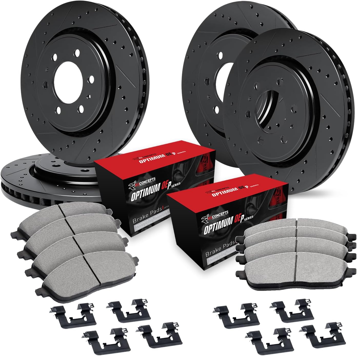 R1 Concepts Front and Rear Brake Kit Fits 2010-2023 Lexus GX460; 2010-2024 Toyota 4Runner; 2010-2021 Toyota Land Cruiser| Optimum Oep Pads, Drilled Slotted Rotors| Hardware| 13.3' Front & 12.3' Rear