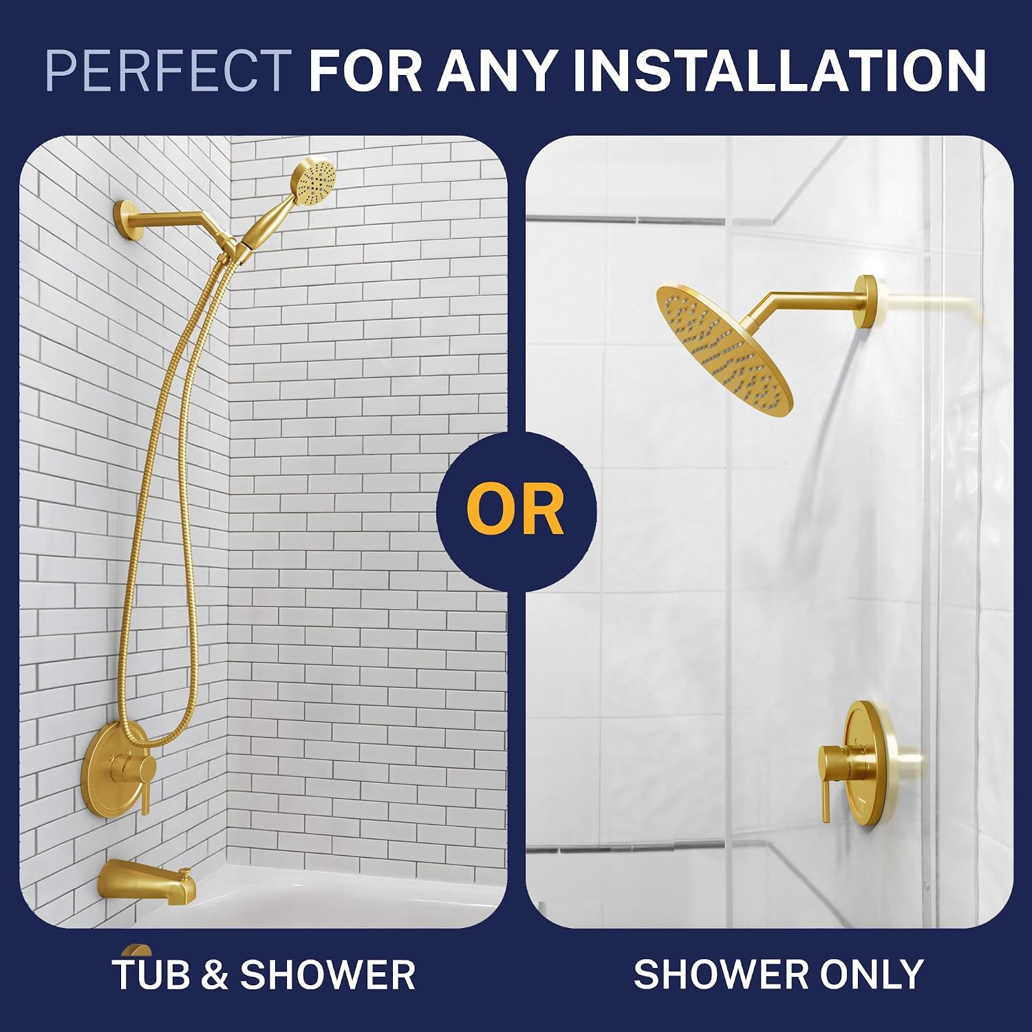 HammerHead Showers Solid Metal Single-Handle Trim Kit with Rough-In Shower Valve, Volume and Temperature Control, Pressure Balance, Brushed Gold
