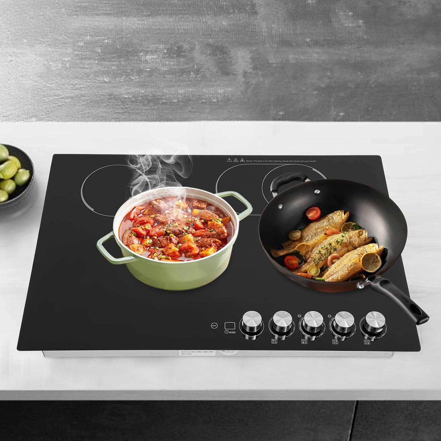 30 Inch Electric Cooktop, 4 Burner Electric Stove Top Knob Control, Built-in Ceramic Stovetop Burner, 5 Power Levels, Dual Oval Zone, Timer & Safety Lock, Hot Surface Indicator, 110V