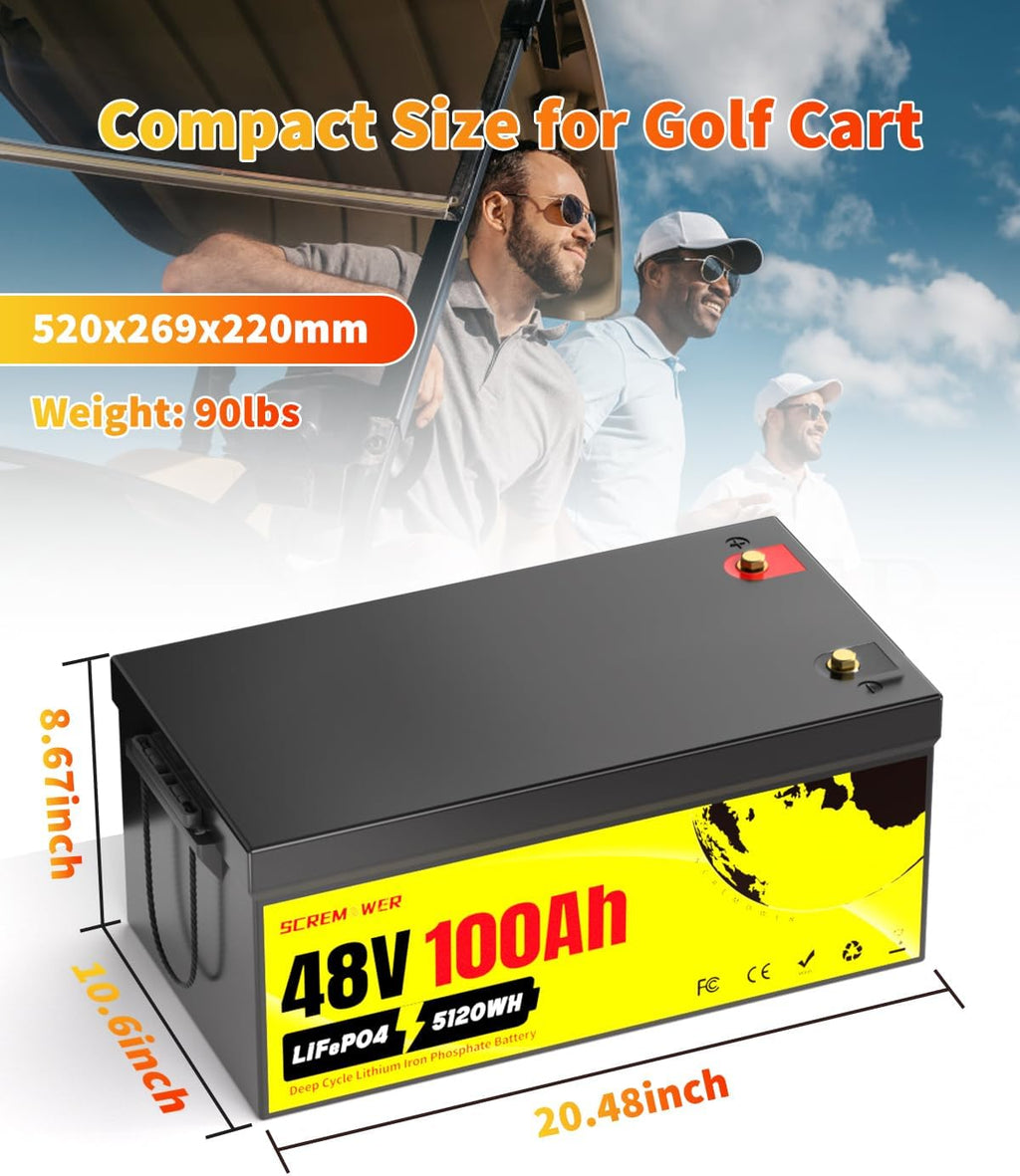 48V 100AH Lifepo4 Battery Built-in 200A BMS Grade A+ cell Deep Cycle Lithium golf cart Battery with 58.4V Charger for RV, Boat, Off-grid, Solar, Motorhome, Caravan