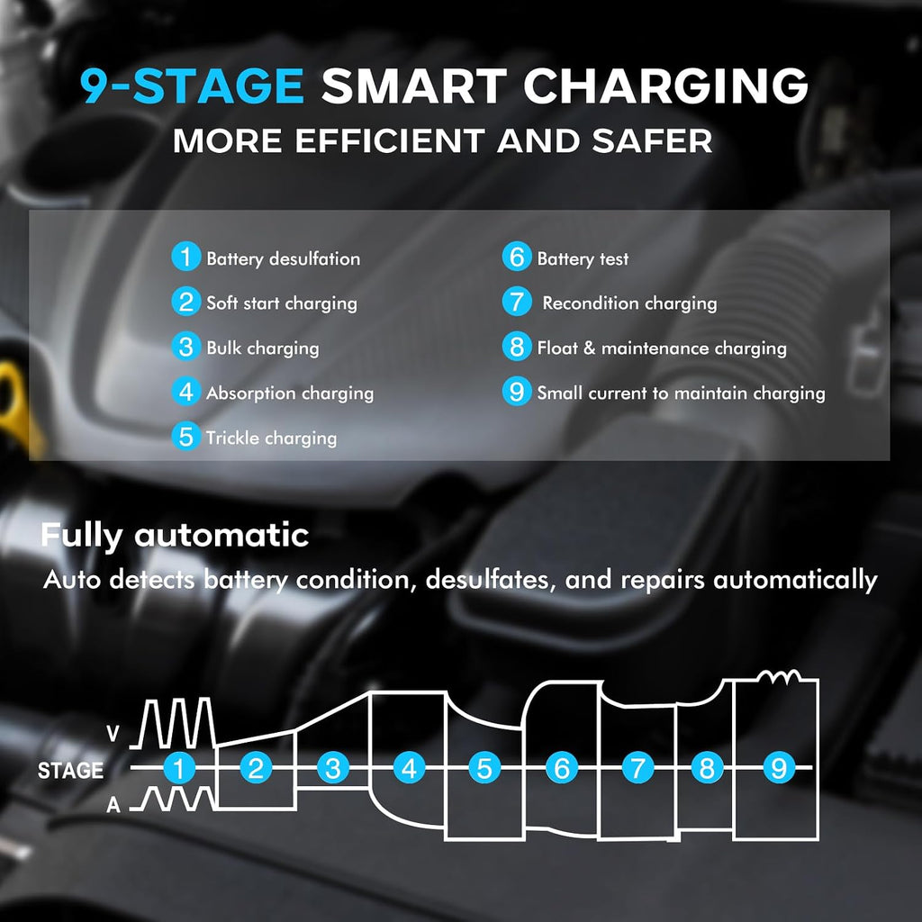 Haisito 30 Amp Car Battery Charger, 12V/24V Lithium LiFePO4 Battery Charger Automatic Battery Maintainer, Portable Smart Trickle Charger for Automotive Car Truck Motorcycle Lawn Mower Boat AGM Gel