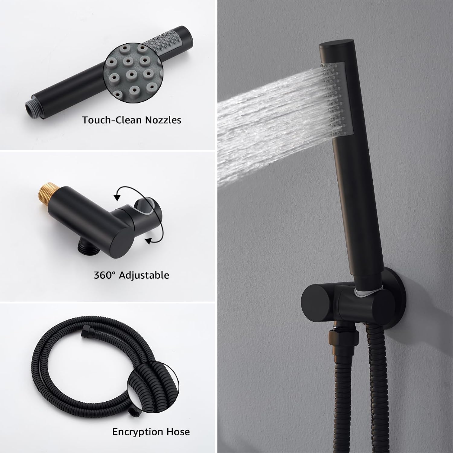 Iriber Mattle Black Round Rain Shower System with 4 PCS Body Jets 3 Function Shower Faucet Set Contain 12 Inch Shower Head and Handheld Wall Mounted Pressure Balance Shower Trim Kit (Valve Included)