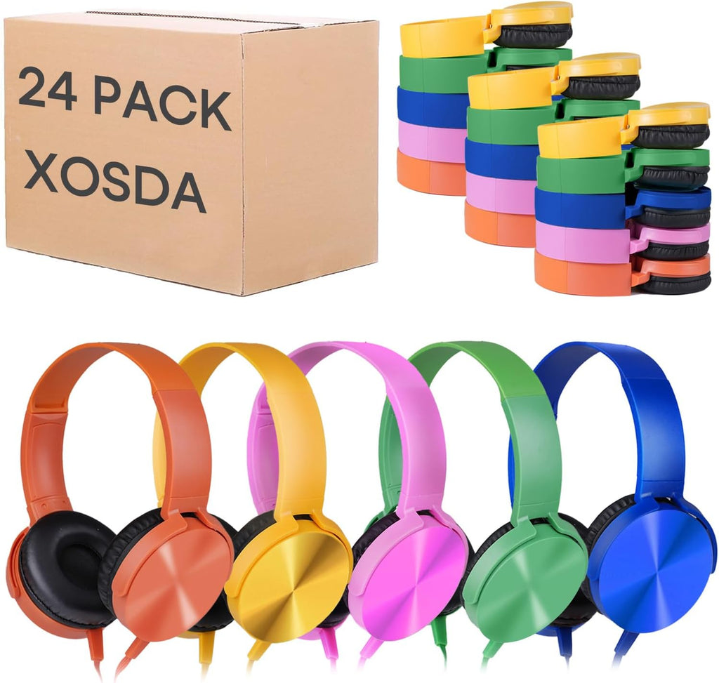 Bulk Headphones for Classroom 24 Pack,Wholesale School Multi Colored Durable Wired Headset for Students,Kids,Children Toddler Teen Boys Girls and Adult(LS450,24 Mixed)