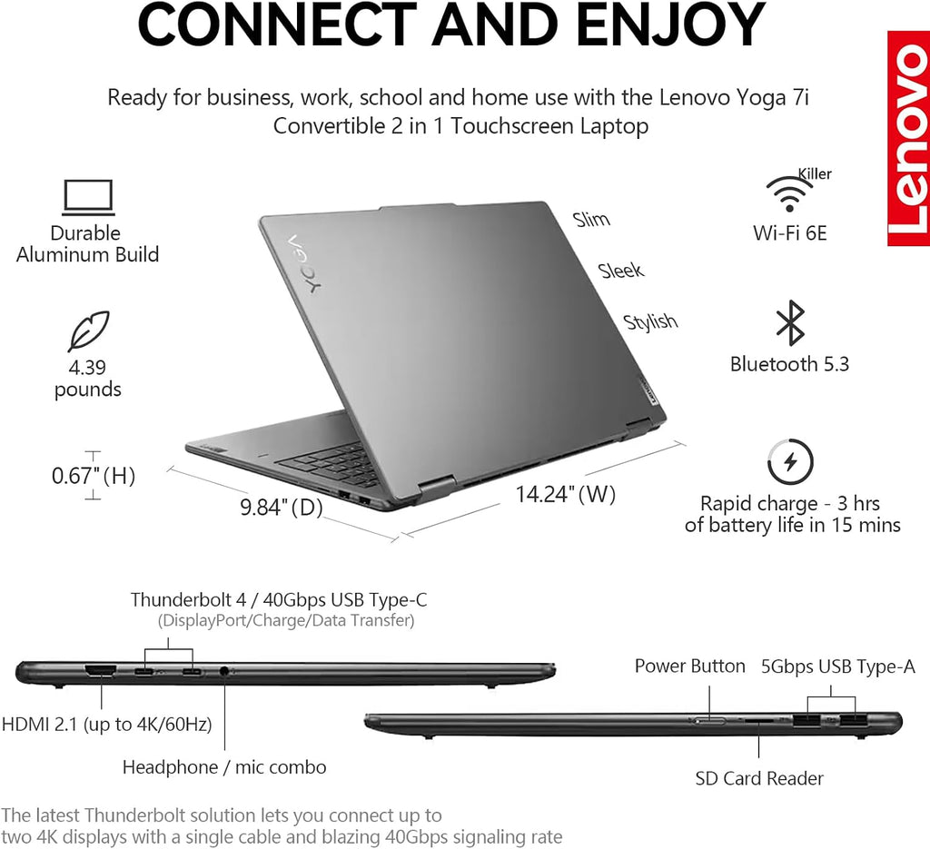 Lenovo 2025 Yoga 7i 2 in 1 Laptop Touchscreen|16' FHD+ 360 Foldable Touch Screen Convertible|Intel Core Ultra 7, 16GB DDR5 RAM 512GB SSD+512GB Portable SSD|Windows 11 Pro Lifetime Office|Backlit|FP