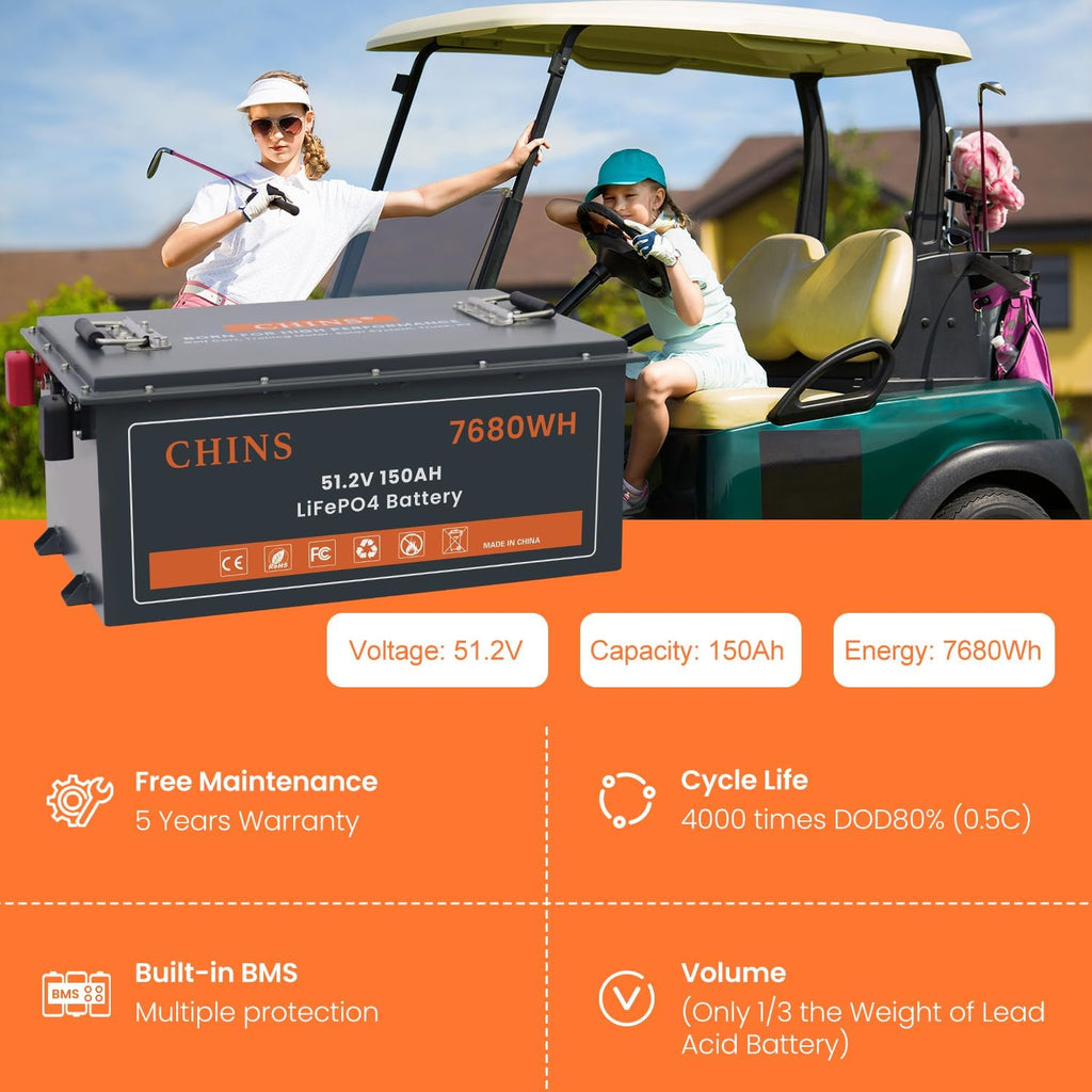 CHINS 48V 150Ah Lithium Golf Cart Battery, Built-in 200A BMS, Includes 48V 18A Charger, 48V Lithium Battery Golf Cart, Max 10.24kW Output 70 Miles Range, Perfect for Golf Cart
