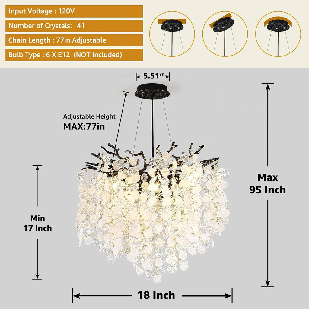 Capiz Shell Chandelier 18-Inch, Black Crystal Tree Branch Chandelier, 6-Light Coastal Light Fixture, Contemporary Entryway Chandeliers, for Dining Room Bedroom Foyer Bathroom