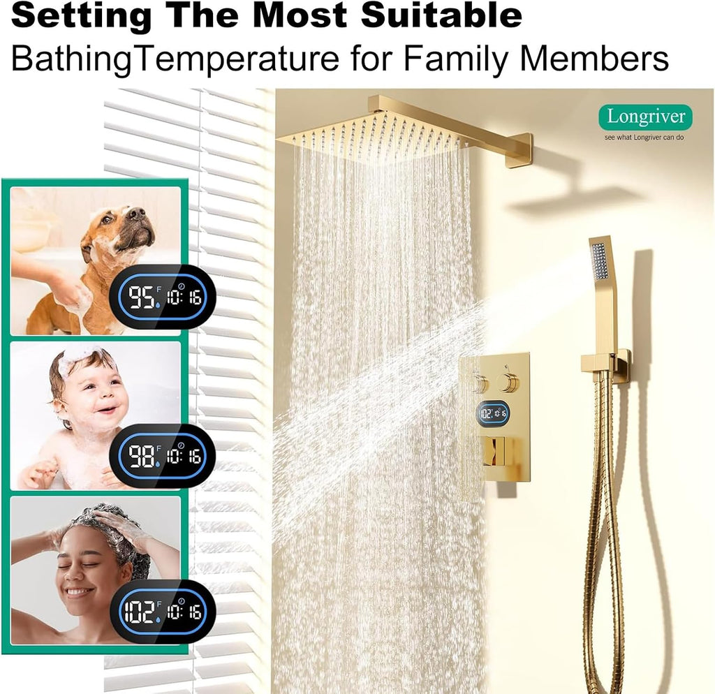 Push Button Diverter Shower Faucet Set Hydro Power Temperature Display, Shower System 12 Inch Shower Head with Handheld Spray, Wall Mounted Shower Fixtures with Valve and Trim Kit, Brushed Gold