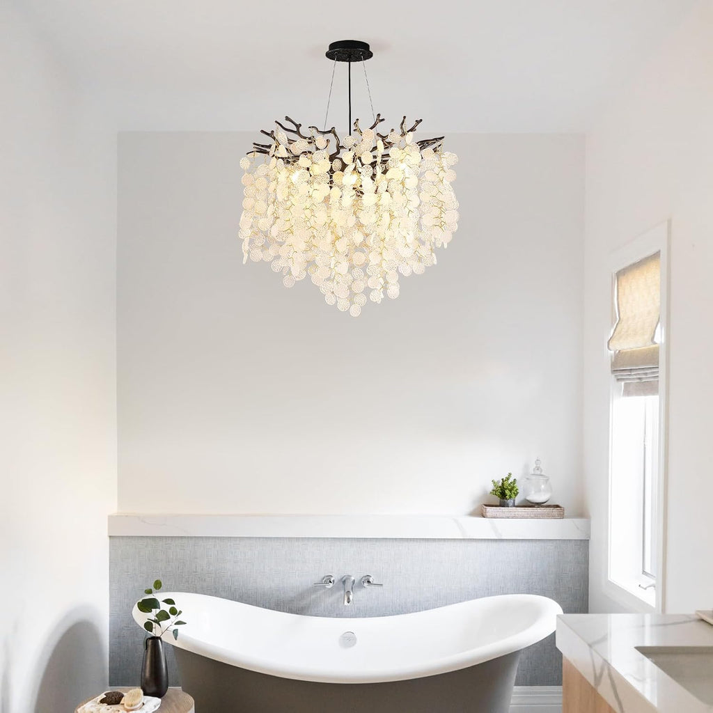 Capiz Shell Chandelier 18-Inch, Black Crystal Tree Branch Chandelier, 6-Light Coastal Light Fixture, Contemporary Entryway Chandeliers, for Dining Room Bedroom Foyer Bathroom