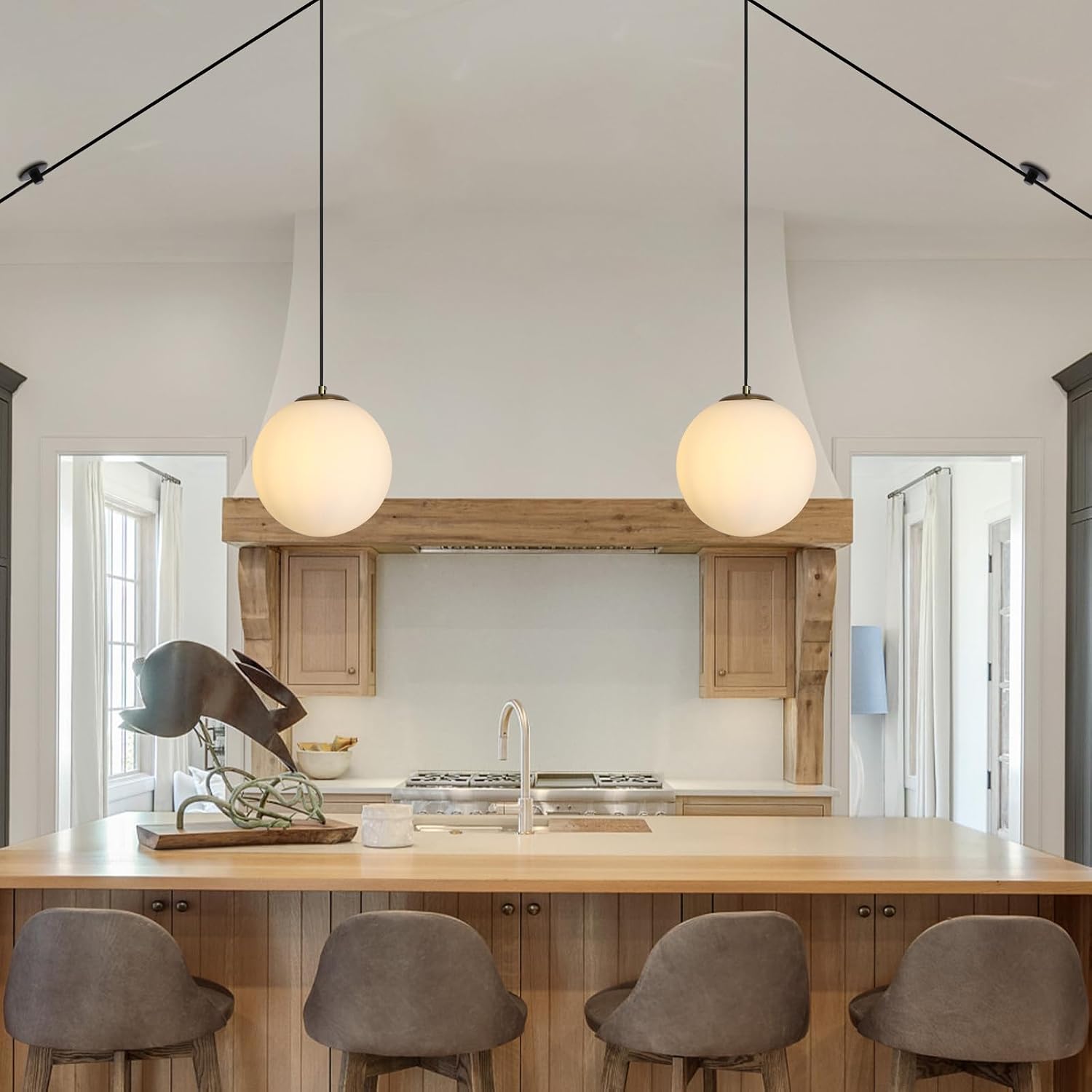 2 Pack Gold Plug in Globe Pendant Lights, Mid Century Light Fixture with Milk Glass, Modern Chandelier, Large Hanging Ceiling Light for Kitchen, Bedroom, Living Room, Dinning Room, Hallway