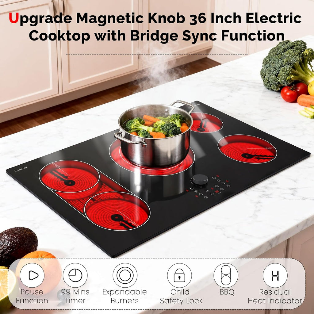 Karinear 36 Inch Electric Cooktop with Magnetic Knob, Bridge BBQ, 5 Burner Radiant Stove Top, 9600W 240V Built-in Hob, 9 Heat Levels, 99-Min Timer, Child Lock, Pause