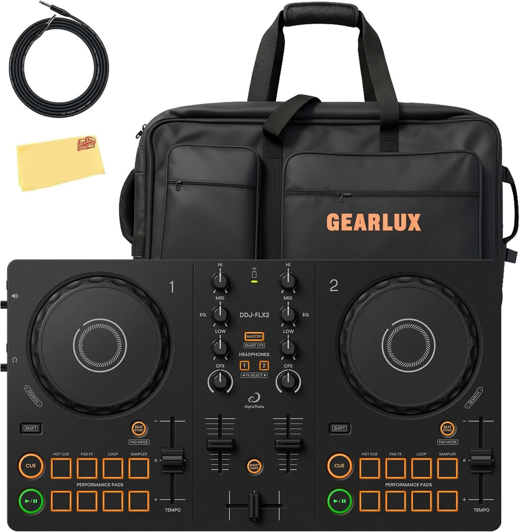 Pioneer DJ AlphaTheta DDJ-FLX2 Compact 2-Channel DJ Controller Bundle with Carrying Case, Instrument Cable, and Austin Bazaar Polishing Cloth