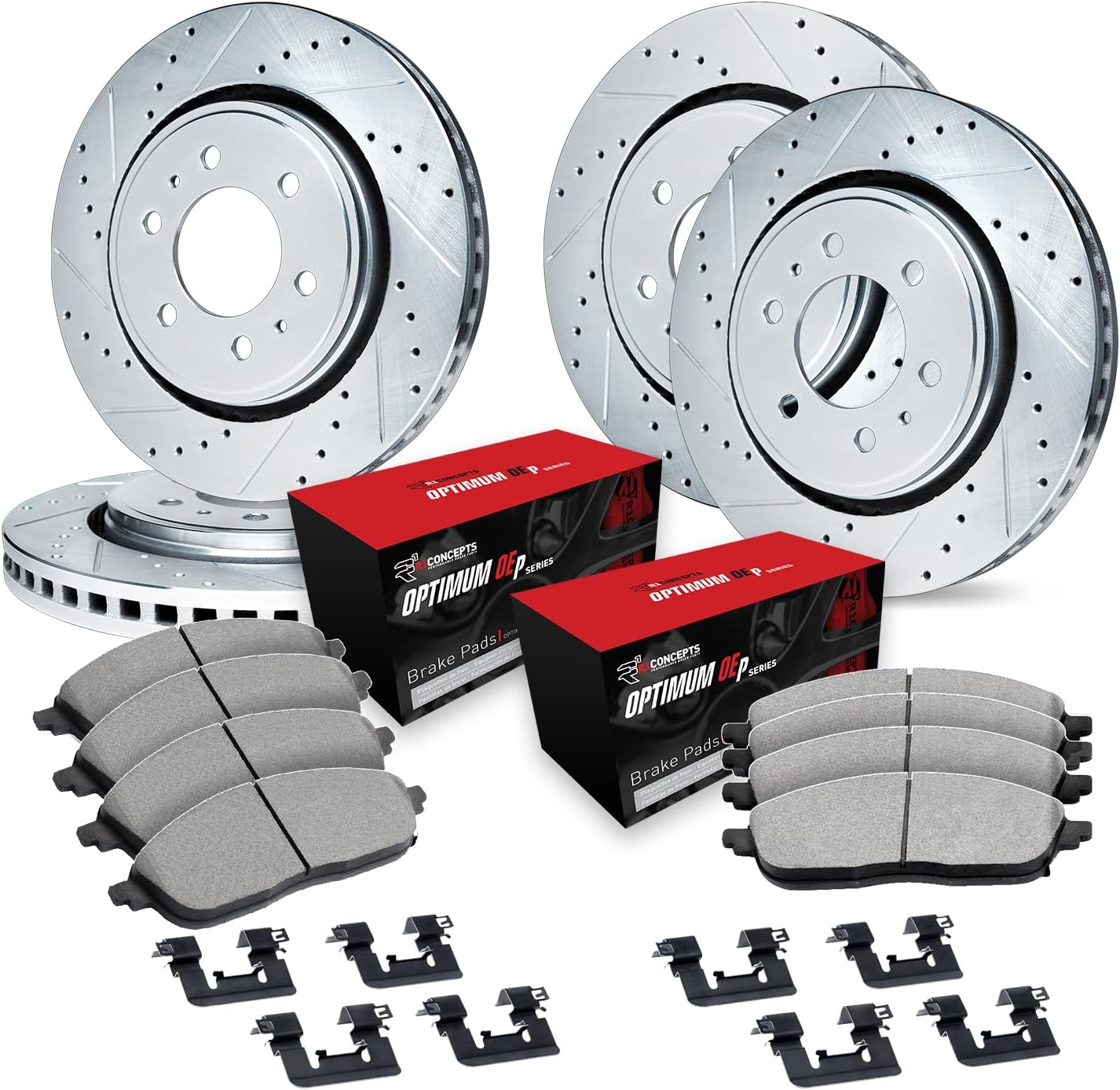 R1 Concepts Front and Rear Brake Kit Fits 2007-2020 Cadillac Escalade, Chevrolet Tahoe, GMC Yukon| Optimum Oep Pads, Drilled Slotted Rotors| Hardware| 13.0' Front & 13.6' Rear