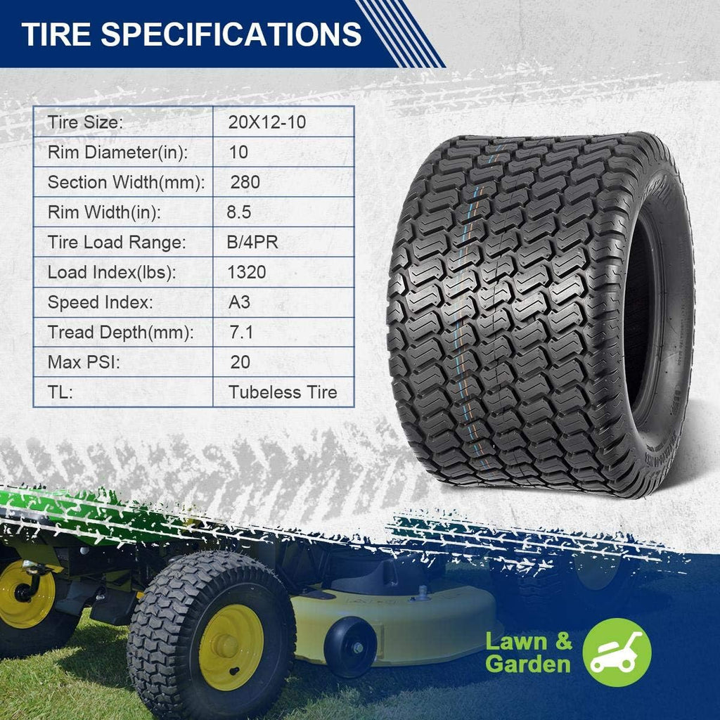 MaxAuto 20x12x10 Lawn Mower Tires, 20x12-10 nhs tire for Garden Turf Golf Cart Riding Tractor Tire, P332 4PR Tubeless, Load Capacity 1320LBS, 2Pcs