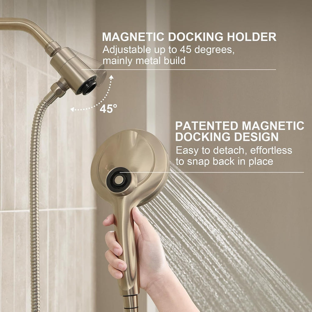 LAVA ODORO Handheld Shower Head with Magnetic Docking System, 9-Function High Pressure Detachable Shower Head, 5-inch Showerhead with 72 Inch Hose, Remote Dock, Champagne Gold, SH180-CB-D