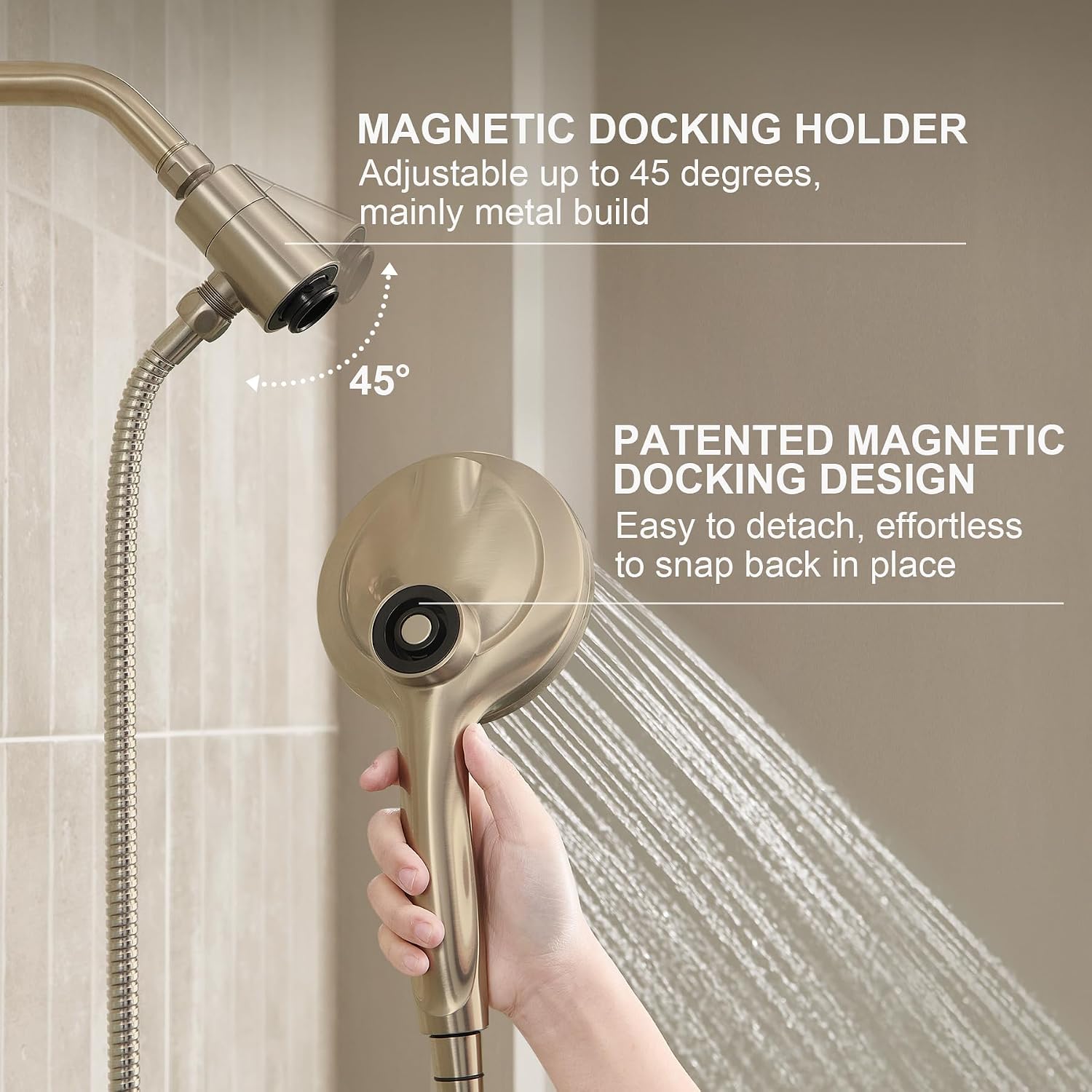 LAVA ODORO Handheld Shower Head with Magnetic Docking System, 9-Function High Pressure Detachable Shower Head, 5-inch Showerhead with 72 Inch Hose, Remote Dock, Champagne Gold, SH180-CB-D
