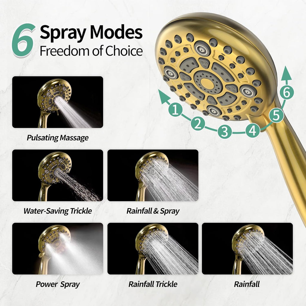 SR SUN RISE 12 Inch Brushed Gold Shower System, Wall-Mount Adjustable 16-Inch Slide Bar with 6-Function Hand Shower Faucet Included Valve and Trim Kit