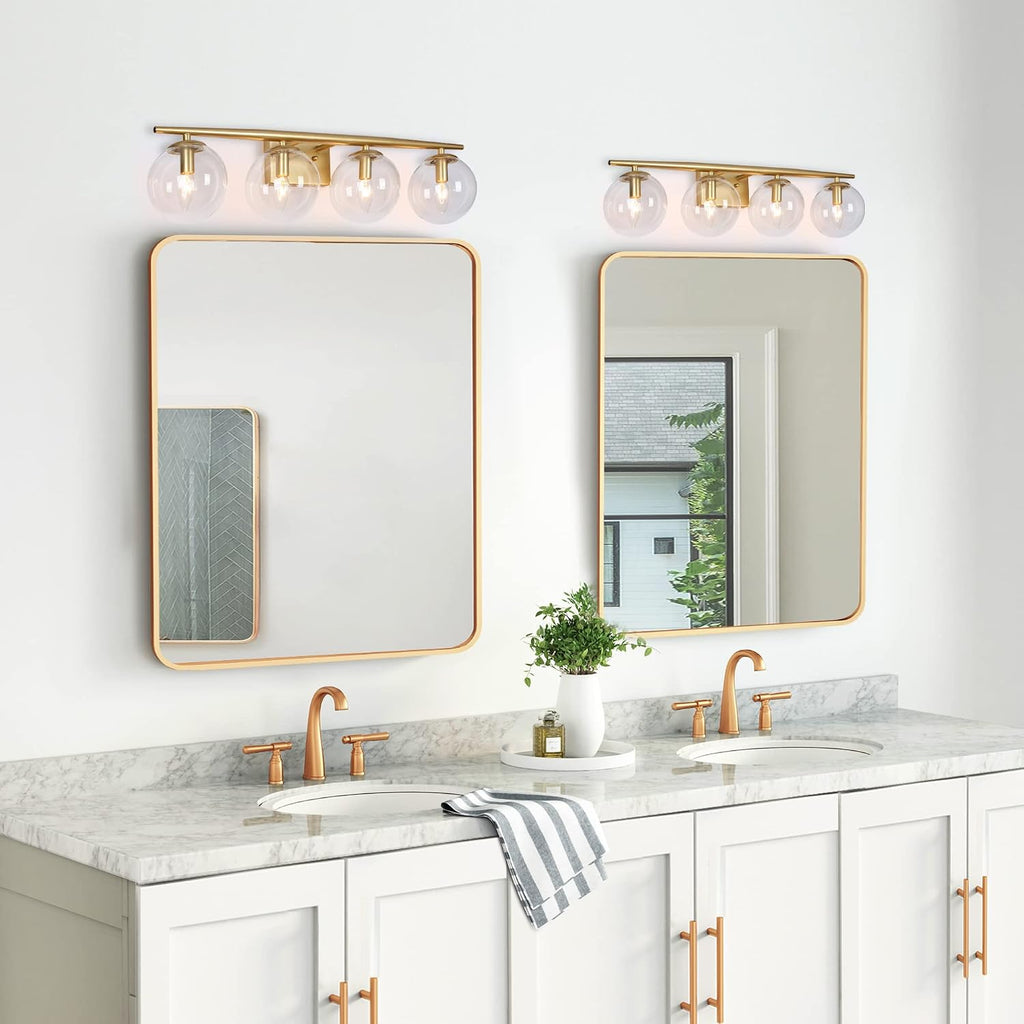 KSANA Gold Bathroom Light Fixtures, Modern Bathroom Vanity Light fixtures Over Mirror, 4 Light Bathroom Lights with Clear Globe Glass Shades and Taper Arm
